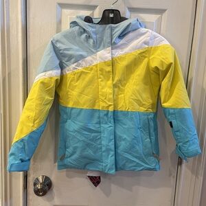 Spyder Kids Ski Jacket in Blue, Yellow, and White